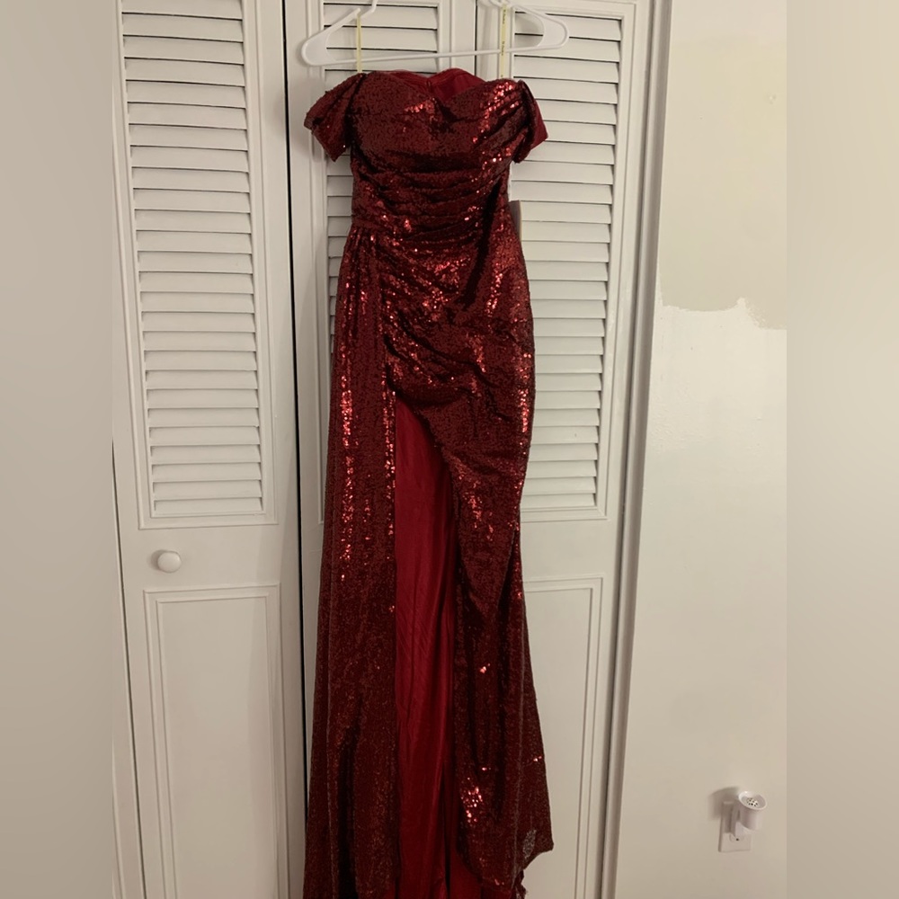 Red glitter off the shoulder dress